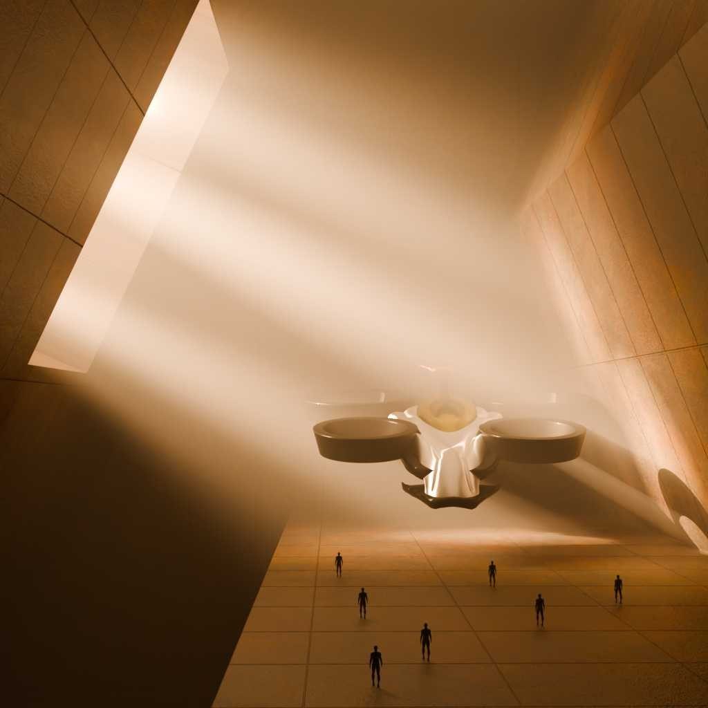 AIRFOIL drone descending through atrium light